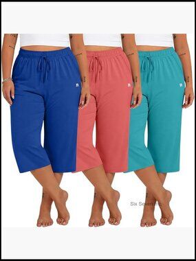 3 Pack Plus Size Capris Wide Leg Loose Pants Drawstring Sweatpants with Pockets